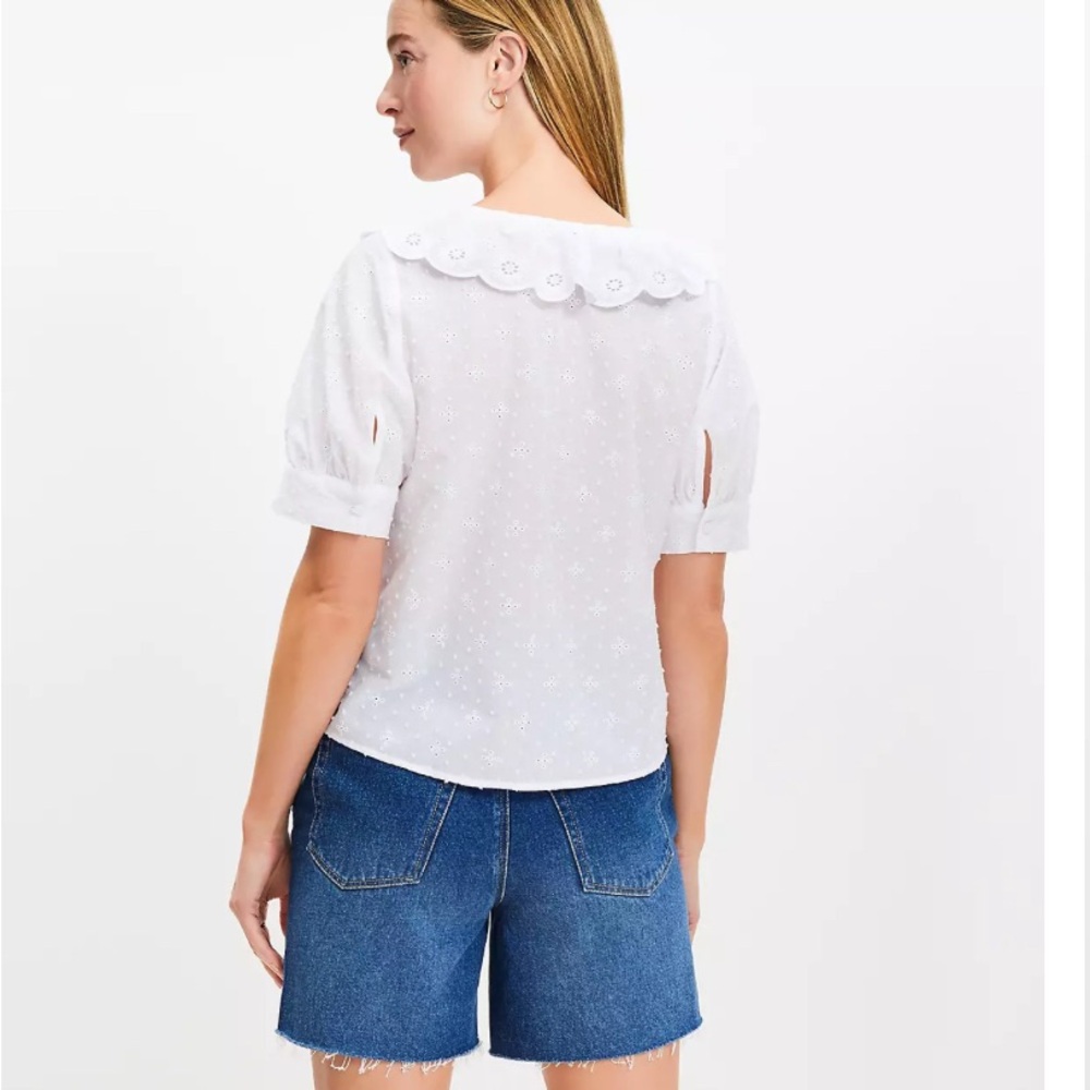 NWT LOFT Clip White Eyelet Ruffle short puff sleeve Blouse-Sz M - Picture 3 of 7